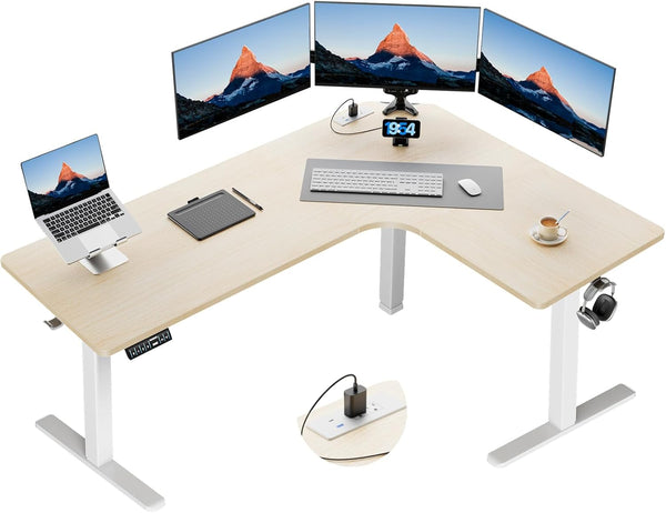 L-Shaped Electric Standing Desk with Built-In Power Outlets