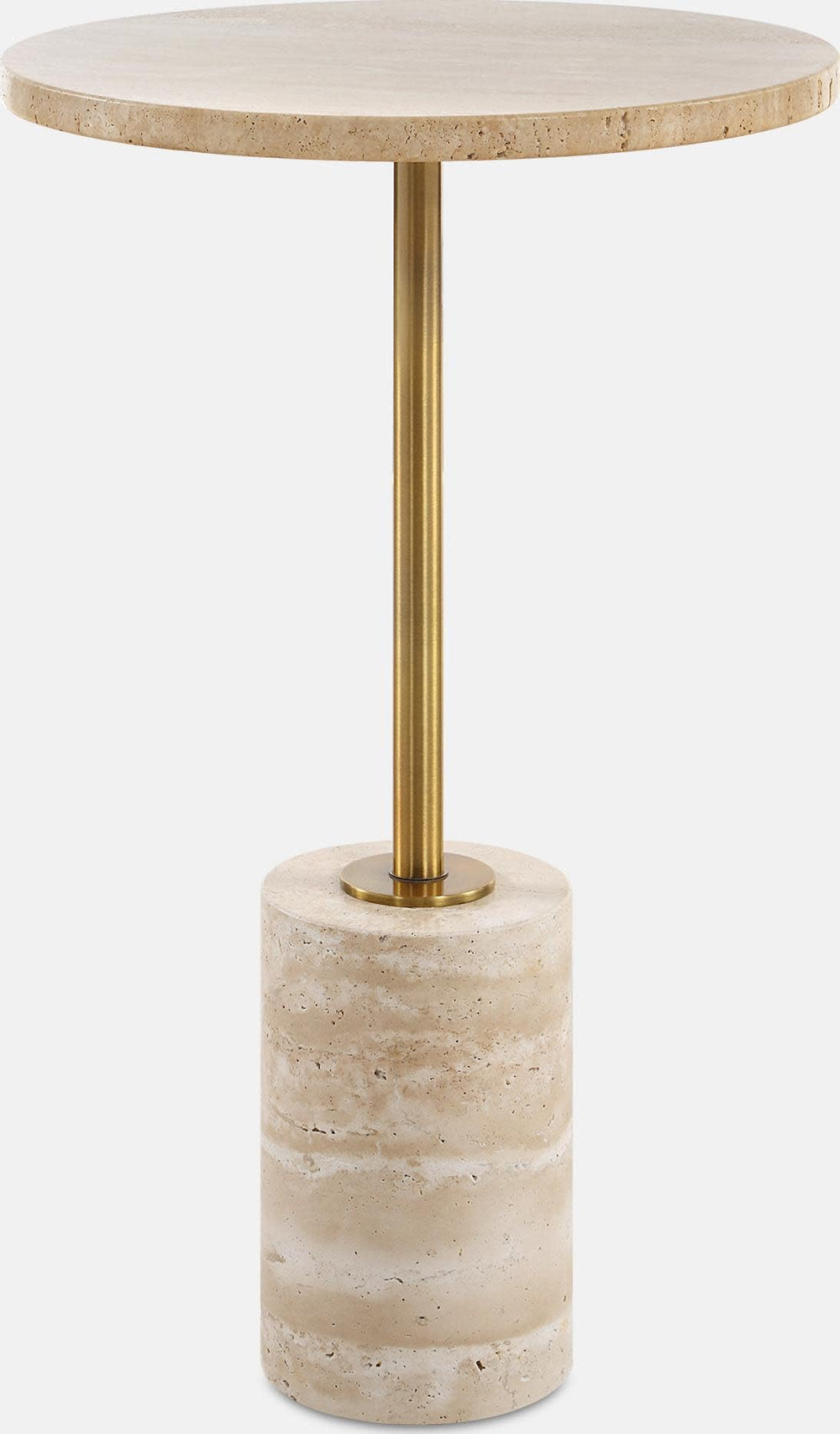 Travertine Top Round Accent End Table – Rich Brass Metal Stem