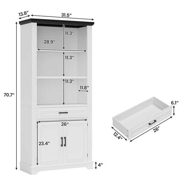 6-Tier Farmhouse Bookcase with Cabinet Doors and Drawer – 70" Tall