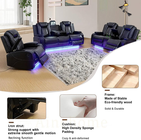 Power Recliner Sofa Set with LED Lights – 3 Piece Living Room Set
