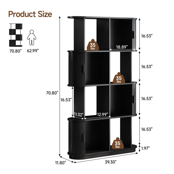 4-Tier Bookshelf with Sliding Door – Mid-Century Modern Freestanding Bookcase