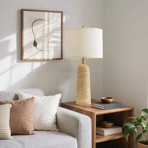Travertine-Look Resin Table Lamp Set of 2 with Linen Shade