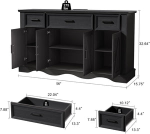 56" Buffet Cabinet with Storage – Farmhouse Sideboard with Drawers, Doors & Adjustable Shelves