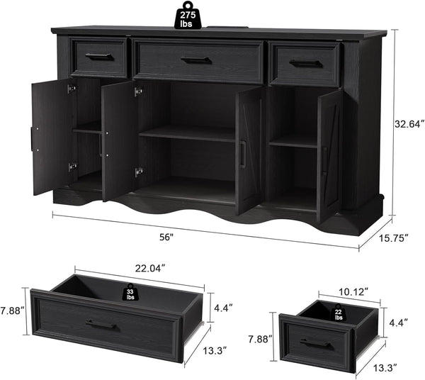 56" Buffet Cabinet with Storage – Farmhouse Sideboard with Drawers, Doors & Adjustable Shelves