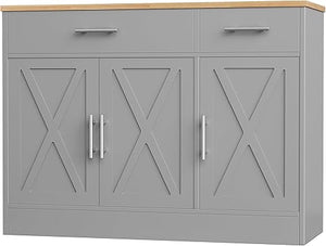Farmhouse Sideboard Buffet Cabinet with Storage – 3 Barn Doors, 2 Drawers