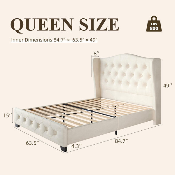 Queen Velvet Wingback Bed Frame with Tufted Headboard