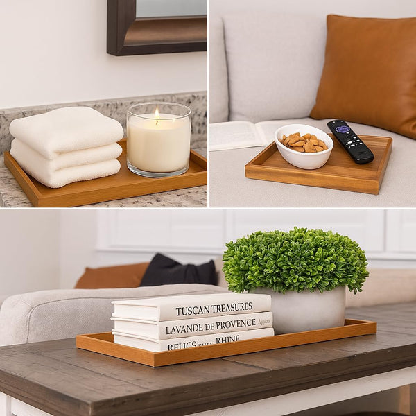 Large Square Acacia Wood Ottoman Serving Tray with Handles