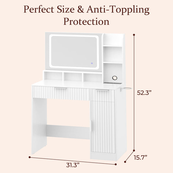 Fluted Makeup Vanity Desk with LED Mirror & Power Strip