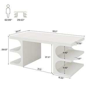 63-Inch White Executive Office Desk with Storage Shelves