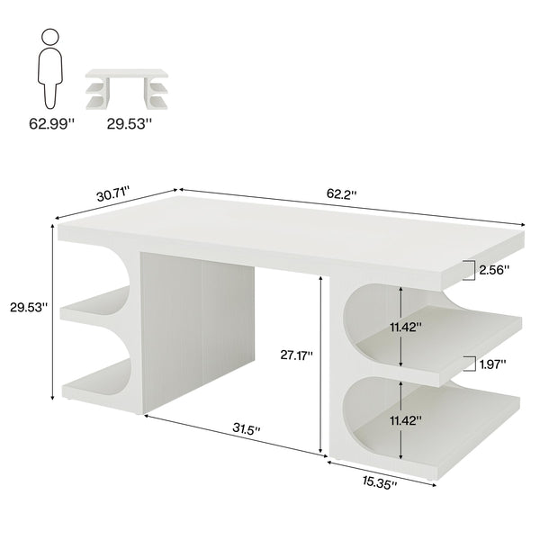 63-Inch White Executive Office Desk with Storage Shelves