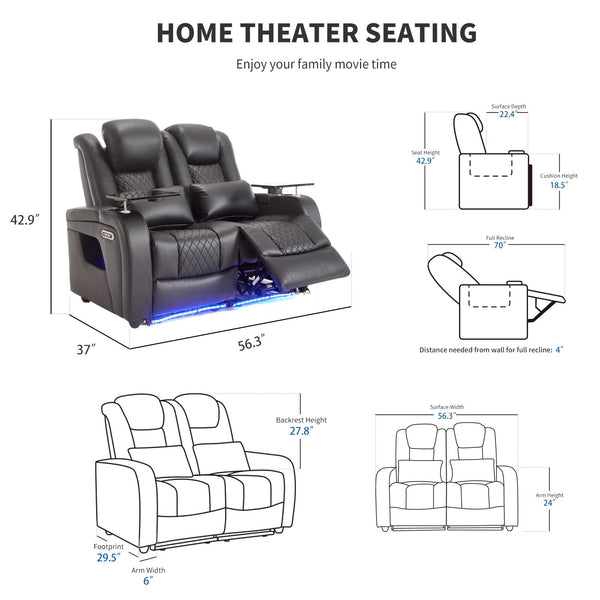Power Recliner Home Theater Seating with LED Lighting
