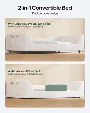 Low Profile Montessori Floor Bed with High Rails & Upholstered Teddy Frame