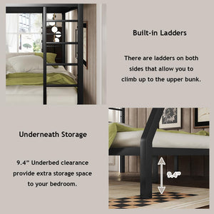Twin XL over Queen Metal Bunk Bed with Ladders & Guardrail