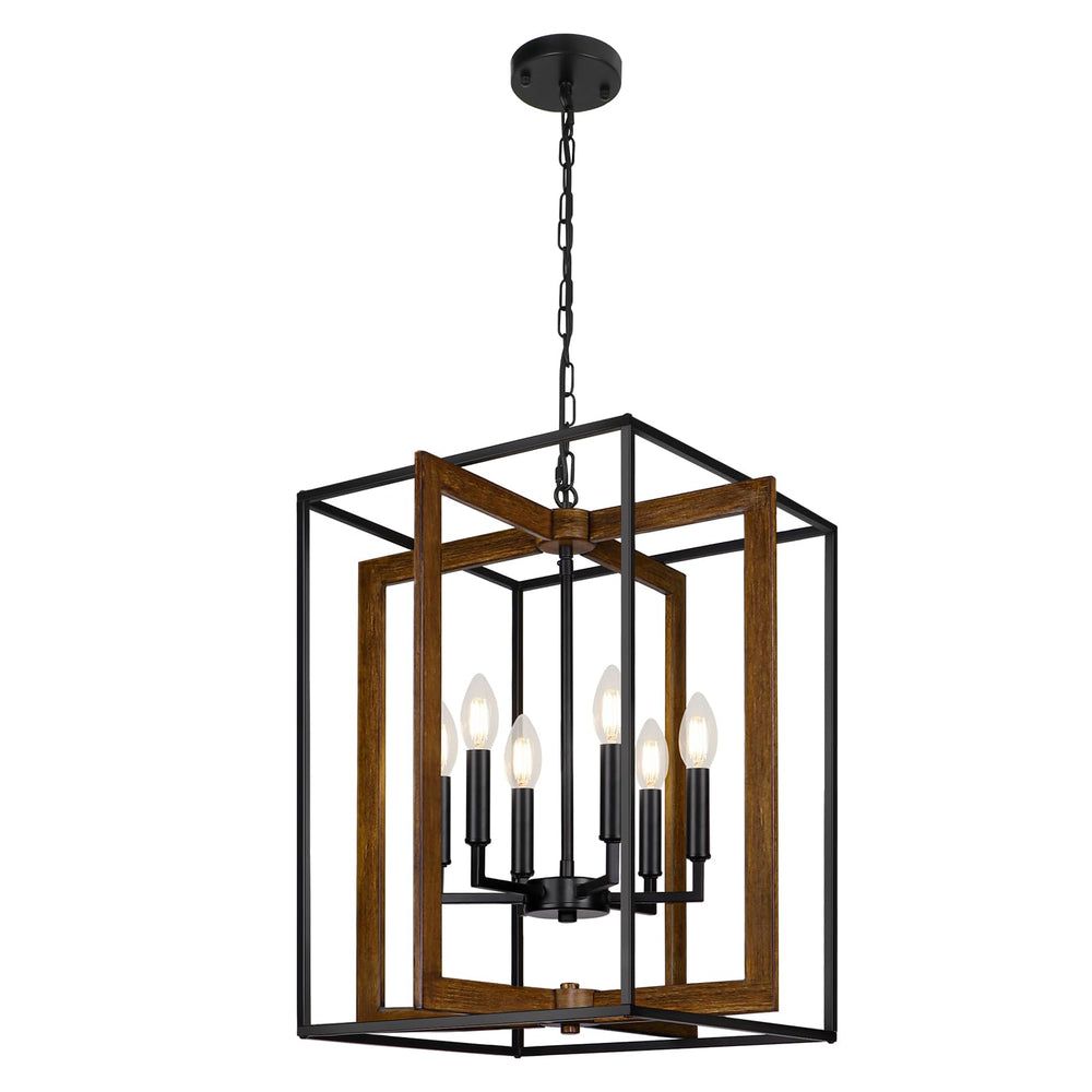 6-Light Rustic Farmhouse Chandelier with Faux Wood & Metal Frame