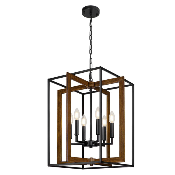 6-Light Rustic Farmhouse Chandelier with Faux Wood & Metal Frame