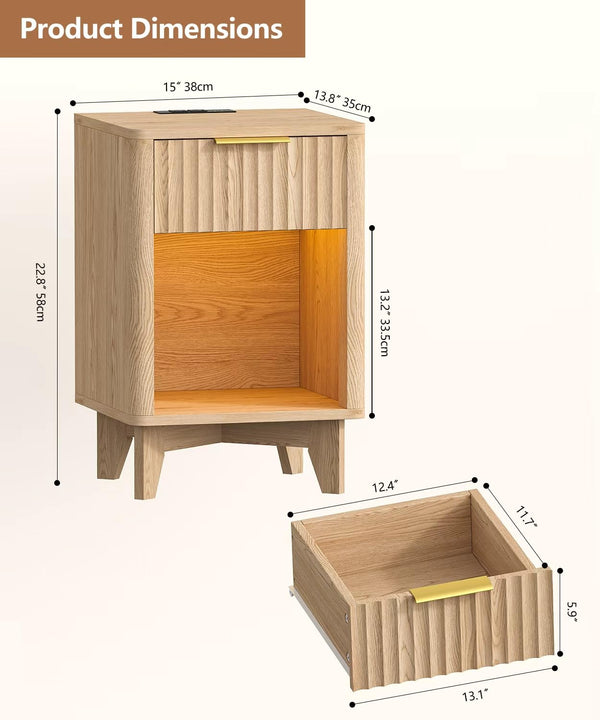 Fluted Nightstand with Charging Station & LED Light