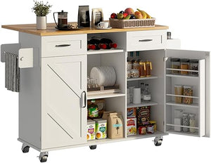 Rolling Kitchen Island with Storage Cabinet & Drop Leaf