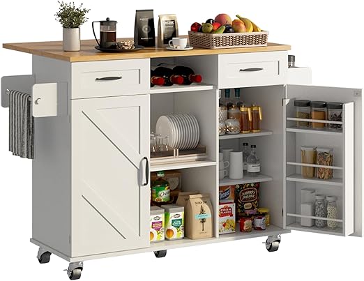 Rolling Kitchen Island with Storage Cabinet & Drop Leaf