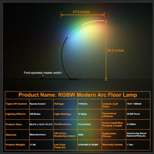 RGBW Arc Floor Lamp with Remote – Dimmable LED Color Changing Standing Lamp