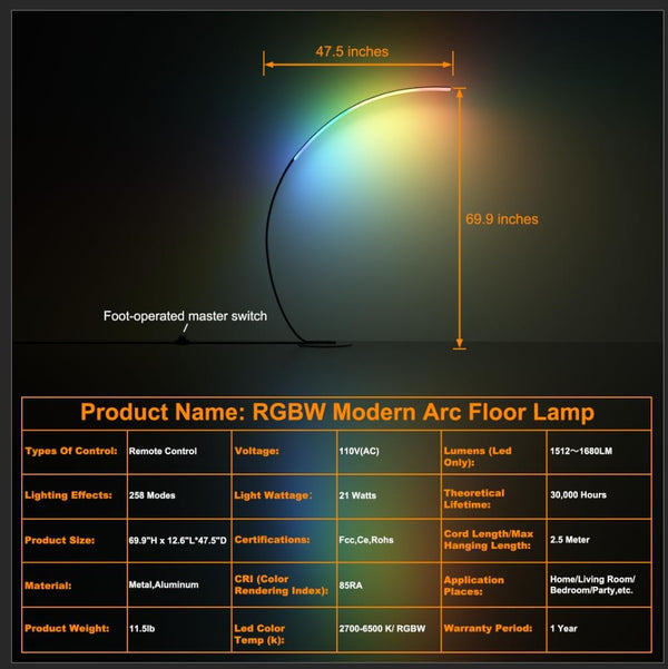 RGBW Arc Floor Lamp with Remote – Dimmable LED Color Changing Standing Lamp