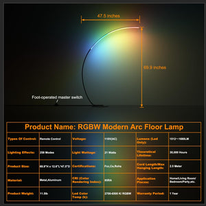 RGBW Arc Floor Lamp with Remote – Dimmable LED Color Changing Standing Lamp