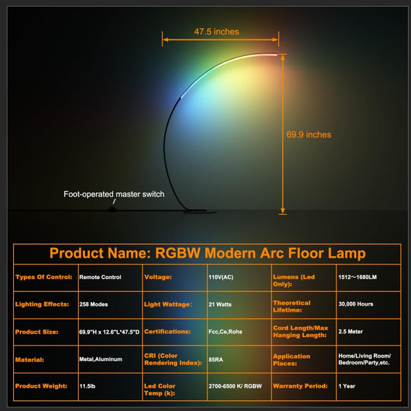 RGBW Arc Floor Lamp with Remote – Dimmable LED Color Changing Standing Lamp