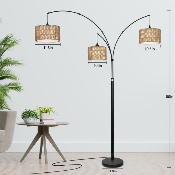 3-Light Dimmable Arc Floor Lamp with Rattan & Fabric Shades