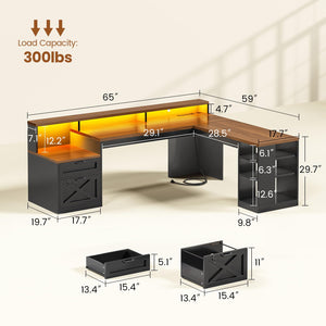 L-Shaped Corner Desk with Storage, Drawers & LED Lights