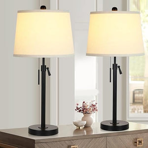 Adjustable Height Table Lamps Set of 2 – Modern Drum Shade with Pull Chain