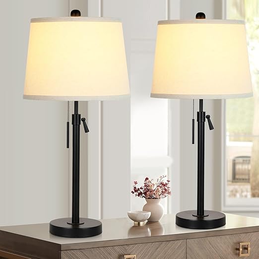 Adjustable Height Table Lamps Set of 2 – Modern Drum Shade with Pull Chain