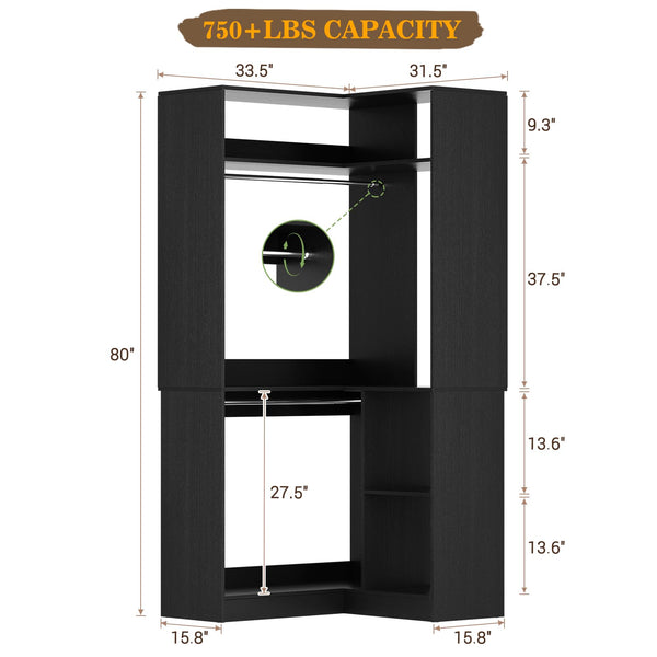 L-Shaped Corner Closet System with Shelves & Hanging Rods