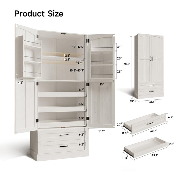 71" Farmhouse Kitchen Pantry Cabinet with Pull-Out Shelves & Drawers