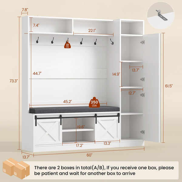 Hall Tree with Bench, Shoe Storage, Coat Rack & Mirror