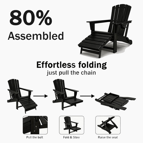 Folding Adirondack Chair with Retractable Ottoman & Cup Holder