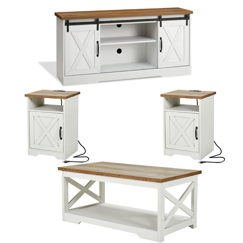 4-Piece Farmhouse Living Room Table Set with TV Stand, Coffee Table & End Tables