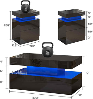 3-Piece Coffee & End Table Set with LED Light & Charging Station – Black