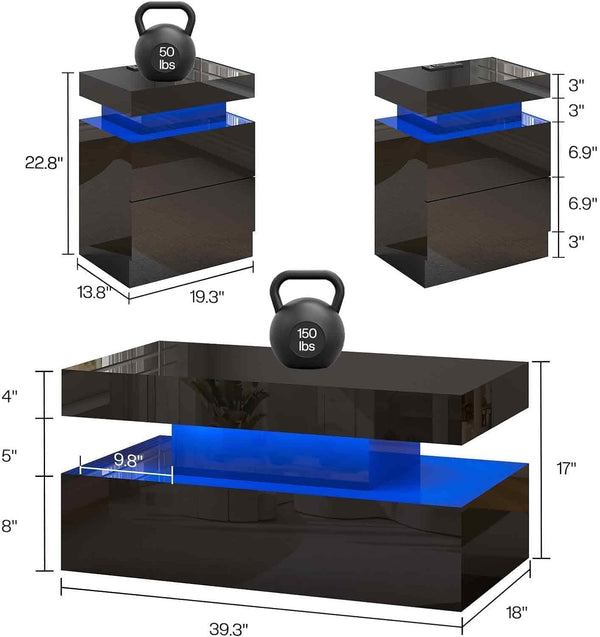3-Piece Coffee & End Table Set with LED Light & Charging Station – Black