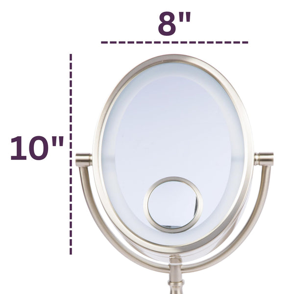 Oval LED Lighted Makeup Mirror with 10X, 1X & 15X Magnification – Nickel Finish