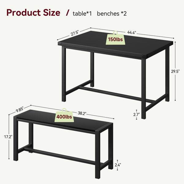 3-Piece Dining Table Set with 2 Benches