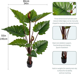55in Tall Artificial Elephant Ear Plant – 9 Large Faux Tropical Leaves, Indoor Outdoor Decor