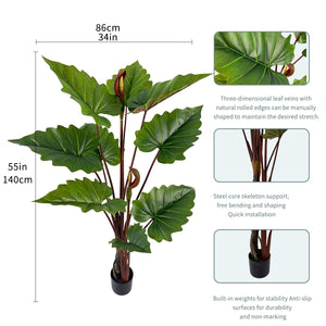 55in Tall Artificial Elephant Ear Plant – 9 Large Faux Tropical Leaves, Indoor Outdoor Decor