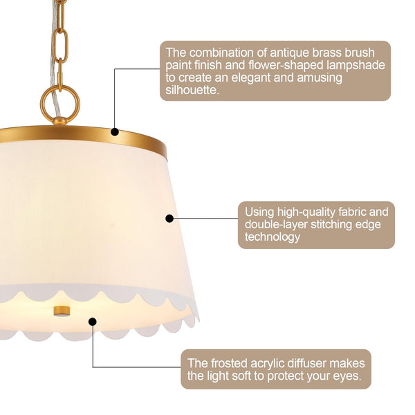Cream White Fabric Drum Pendant Light – 3-Light Chandelier with Antique Brass Finish