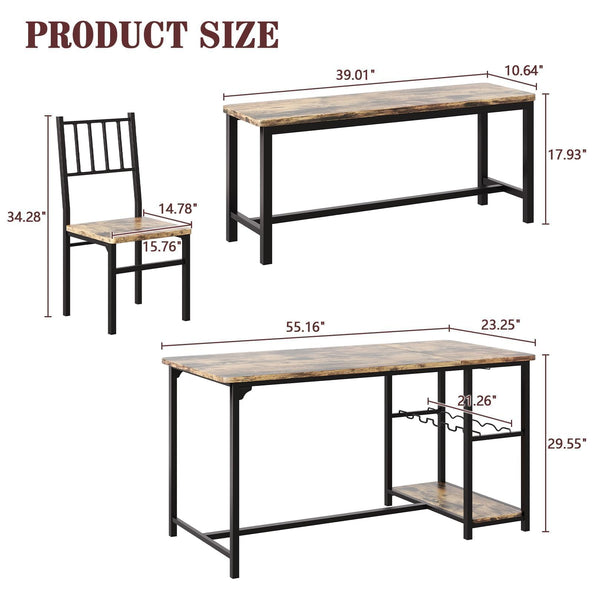 4-Person Dining Table Set with Bench, Wine Rack & Storage
