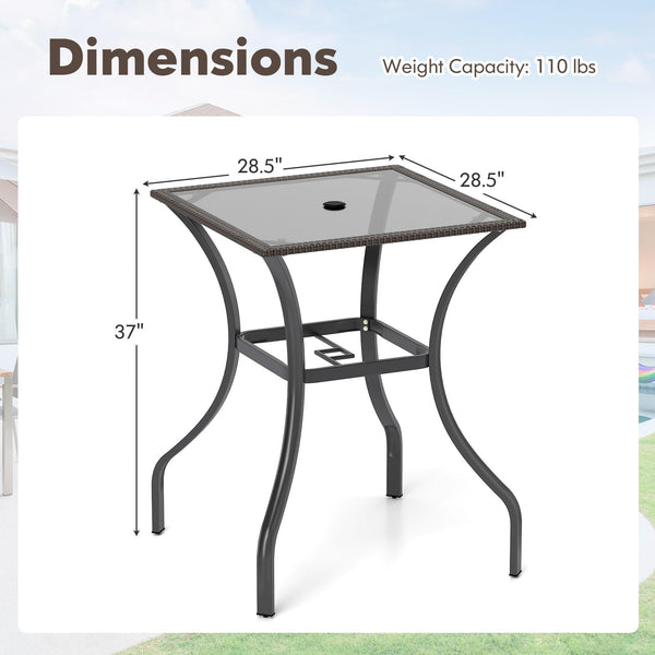 Counter Height Outdoor Bistro Table with Umbrella Hole & Tempered Glass Top