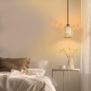 Rattan Boho Pendant Light with Linen Shade & Iron Rods | Adjustable Height