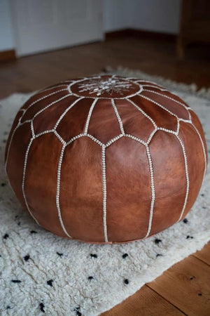 Moroccan Genuine Leather Pouf Ottoman – Cognac Brown