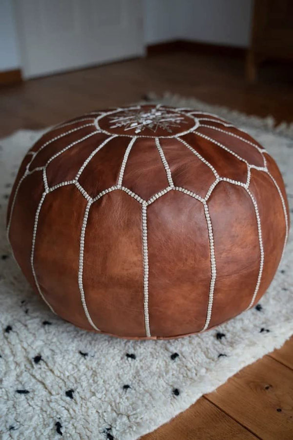 Moroccan Genuine Leather Pouf Ottoman – Cognac Brown