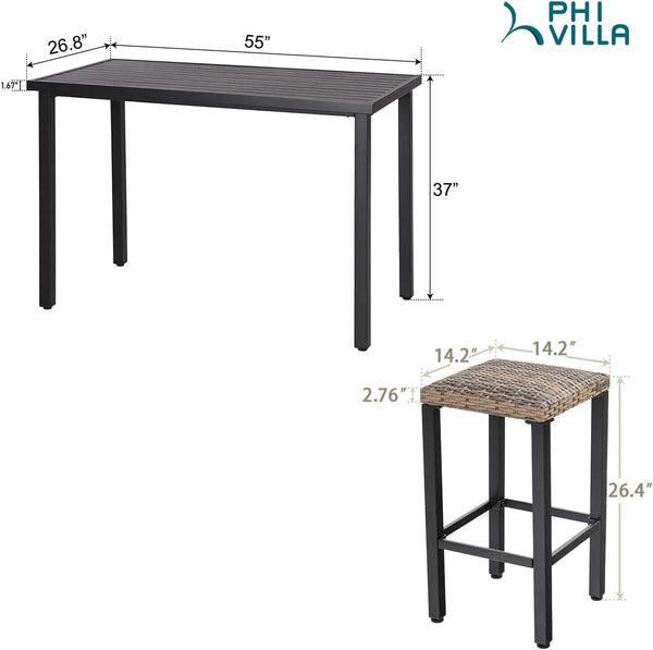 5-Piece Patio Bar Set with Metal Table & 4 Wicker Bar Stools