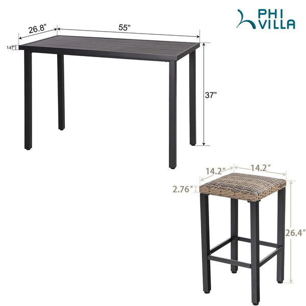 5-Piece Patio Bar Set with Metal Table & 4 Wicker Bar Stools