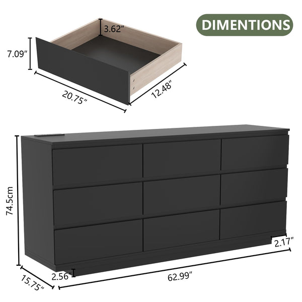 9-Drawer Dresser with LED Lights & Charging Station